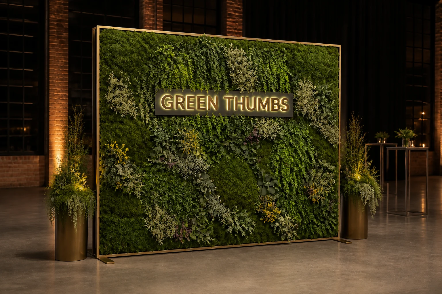 Koncepcja AI: fotościanka Selva z przestrzennym napisem Green Thumbs, ciepłym podświetleniem i dekoracyjną oprawą na event firmowy.